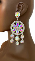 5.25" Long Big Statement Clip-On Earrings A. Borealis Crystal Drag QueenPageant - £21.24 GBP