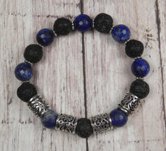 Lapis Lazuli Lava Rock Silver Spacer Stretch Diffuser Bracelet Handmade 7&quot; - £15.52 GBP