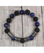 Lapis Lazuli Lava Rock Silver Spacer Stretch Diffuser Bracelet Handmade 7&quot; - £15.56 GBP