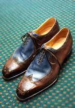 Oxford Two Tone Brown Blue Cont Wing Tip Vintage Leather Laceup Handmade Shoes - £109.26 GBP