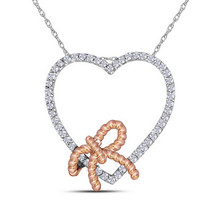 10k White Gold Womens Round Diamond Rose-tone Rope Knot Bow Heart Pendant 1/6 - £143.08 GBP