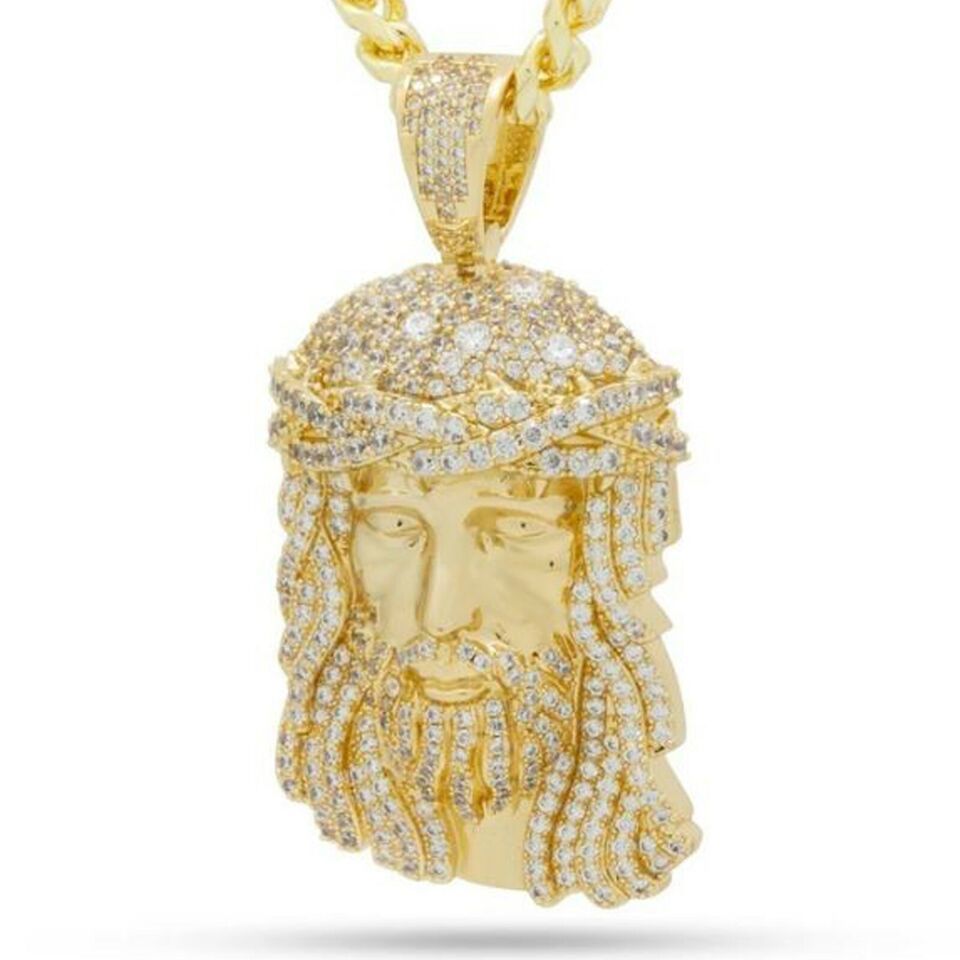 Primary image for 14K Yellow Gold Plated Silver Round Cubic Zirconia CHRIST HEAD Pendant Men's