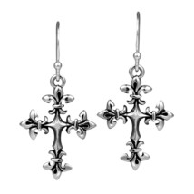 Renaissance Fleur-de-Lis Cross Sterling Silver Dangle  Earrings - £20.56 GBP