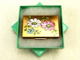 Vintage Compact Case w/Powder Puff, Gold Tone, Hand Painted Flowers, JWL-172 - £19.24 GBP