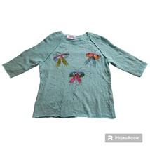 Victoria MD/LG Womens Cotton Blue Sweater Painted Butterflies Dragonfly Vintage - £15.31 GBP