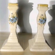 Mikasa Japan Pottery Candlesticks Garden Club Day Dreams Cream Blue Flowers  - $13.29