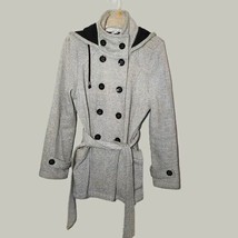 Sebby Jacket Coat Womens Large Hooded Gray Pea Coat Button Closure Belt - $16.58