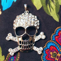 Shiny Metal Silver Rhinestone Skull Pendant Charm Crossbones Bling Goth Emo Glam - £16.07 GBP