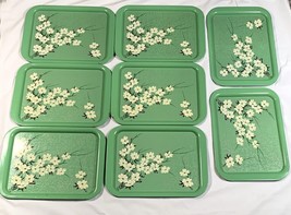 8 Vintage Metal Lap Trays Green with White Flowers 14.75 x 10.75 - £56.70 GBP