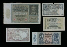 1922-1943 European 5-Note Currency Set Belgium, Germany &amp; Hungary - €44,85 EUR