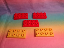 LEGO Duplo 5 Flat Base Plate 3 Red &amp; 2 Yellow 2 X 4 Dot - $3.31