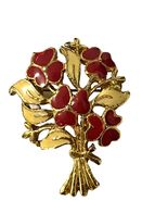 Vintage Gold Tone Red Enamel Flower Bouquet Brooch Floral Pin Statement - $15.30