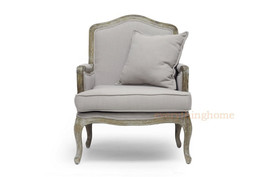 Antiqued Distressed Oak Finish French Lounge Accent Arm Chair Beige-Gray Linen - £577.29 GBP