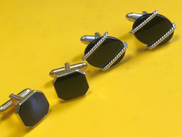 Vtg Silver Tone Oval Dante And Gold Tone Octagon Swank Black Onyx Cuff Links - £23.68 GBP