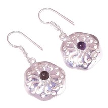 Amethyst Round Gemstone 925 Silver Overlay Handmade Drop Dangle Flower Earrings - £7.15 GBP