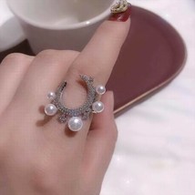 Big Statement Pearl Moon C Shaped Rings For Women 2021 New Design Open Ring Adju - £8.64 GBP