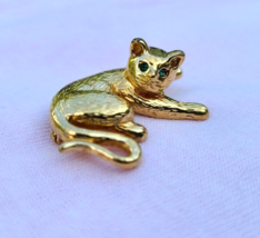 Vintage Krementz Gold Plated Sterling Cat with Rhinestone Eyes Signed - £19.95 GBP