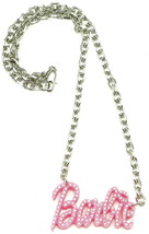 Iced Out Pink Plastic Pendant Barbie Style 19&quot; Necklace Metal Chain New - £14.41 GBP+