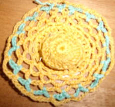 Vintage Handmade Crochet Barbie Type Fashion Doll Yellow &amp; Blue Hat - £1.59 GBP