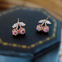 18K Gold Cherry Stud Earrings with Dainty CZ - £6.55 GBP