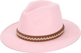 Women Fedora Hat Men Classic Belt Buckle Wide Brim Hat Fashion Wool (Pink) - £16.19 GBP