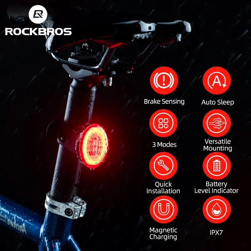 ROCKBROS Bicycle Rear Light Bike Smart Auto Brake Sensing Magnetic Charging lPx7 - £26.72 GBP