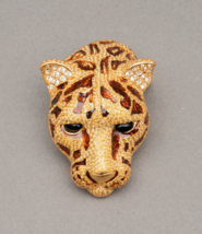 Ciner Vintage Enamel Gold Plated Pave Rhinestone Eyes Leopard Tiger Brooch - £366.47 GBP