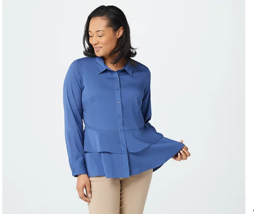 Joan Rivers Long-Sleeve Silky Blouse with Layered Hem Dusty Blue, 14, A3... - £11.21 GBP