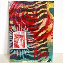 ACEO Original Acrylic Painting France Postage Stamp Art Tristina Dietz Elmes ATC - £11.81 GBP