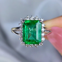 4Ct Simulated Green Emerald Diamond 925 White Gold Plated Silver Engagement Ring - £95.26 GBP