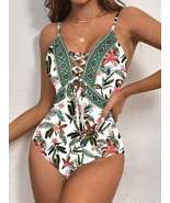 Beach Fashion Women&#39;s Chic Deep V Strappy One-Piece Swimsuit Cashew Flow... - £19.16 GBP