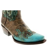 Womens Turquoise Studded Cowgirl Leather Western Boots Distressed Snip Toe - £86.32 GBP