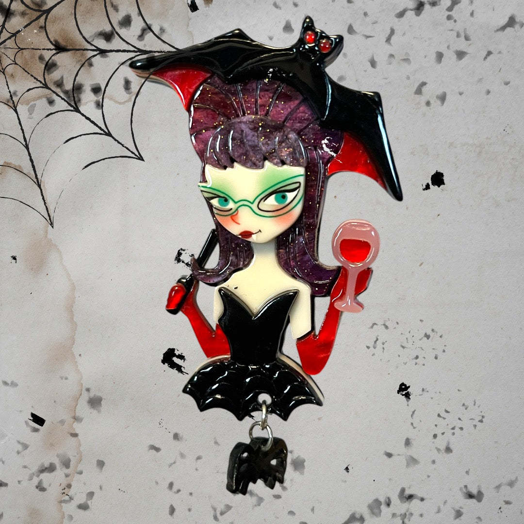 Halloween Cute Bat Umbrella Gothic Girl Brooch Pin - Goth or Punk Party Fashion