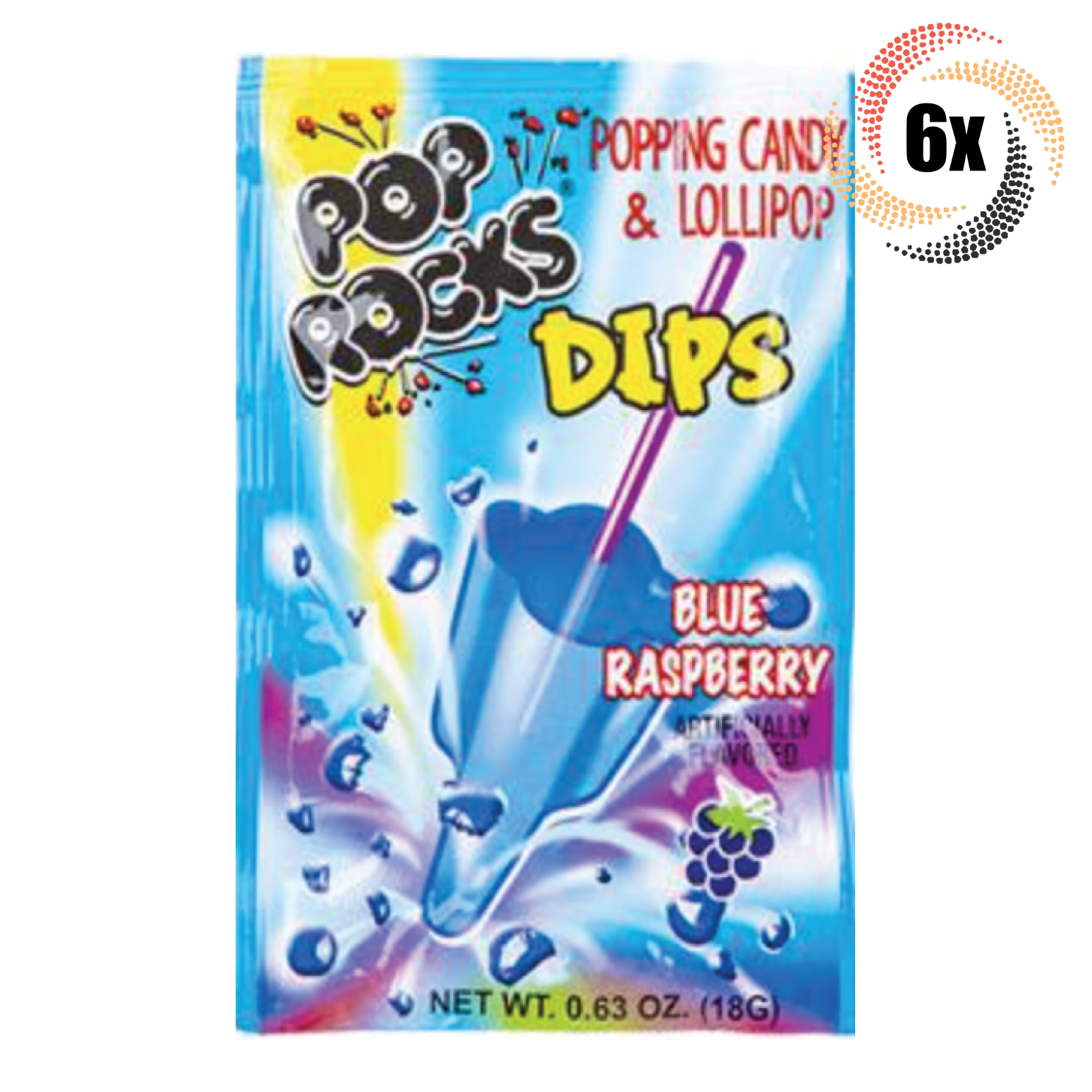 6x Packs Pop Rocks Dips Blue Raspberry Popping Candy With Lollipop | .63oz - £8.57 GBP