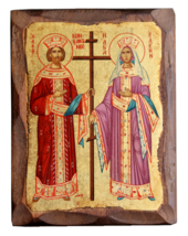 St. Constantine the Great &amp; St. Helen Gold Leaf Canvas Natural Wood Icon - £51.17 GBP+