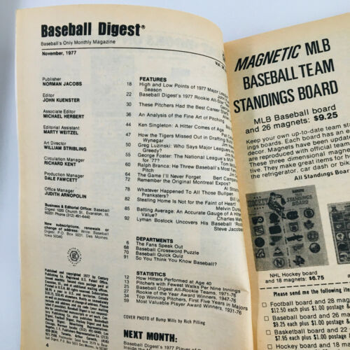 VTG Baseball Digest Magazine November 1977 Ranger Rookie Bump Wills Item image 2