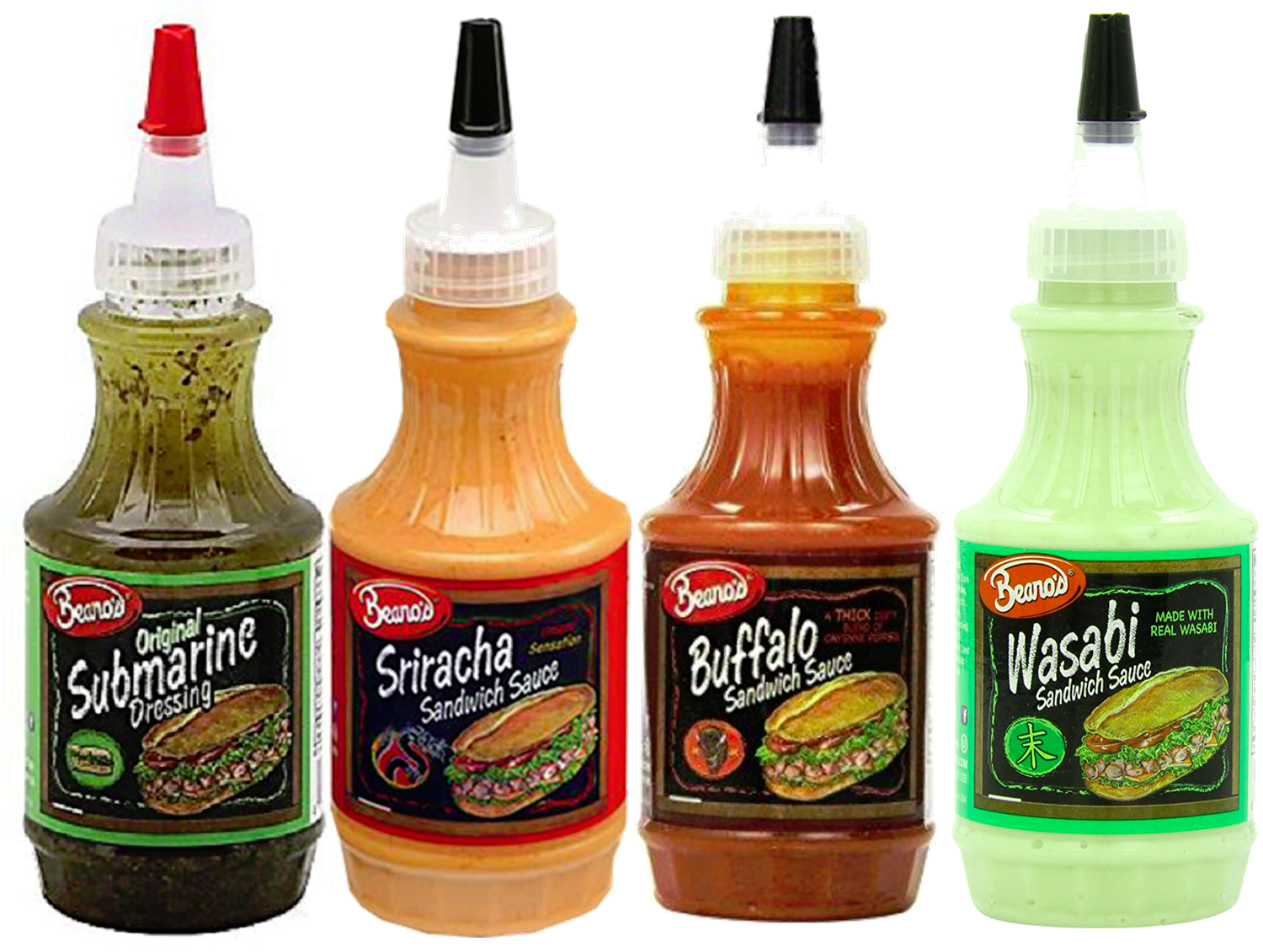 Primary image for Beano's Submarine, Sriracha, Buffalo & Wasabi Sandwich Sauce, Variety 4-Pack