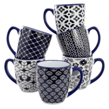 Elama Flyn 6 Piece 16 Ounce Assorted Design Stoneware Mug Set in Navy Bl... - $47.12