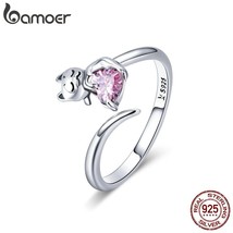 Authentic 925 Sterling Silver Adorable Cat Pink CZ Adjustable Finger Rings for W - $21.35
