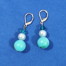 Vintage Earrings Stacked Beaded Faux Turquoise Acrylic Drop Dangle Boho - $11.88