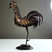 Vintage Standing Rooster Dark Rusty Metal Speckled Stain Brown Copper Dé... - $99.99