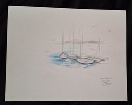 Signed Beverly Ellstrand Color Sketch Sail Boats Off Santa Barbara, California  - £28.65 GBP