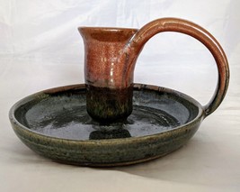 Studio Art Pottery Stoneware Taper Candle Holder Green Brown Chamberstick  - £12.57 GBP