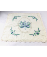 Embroidered Vintage Blue Floral Basket Pillow Cover 17&quot;x17” Off White NO... - $25.96