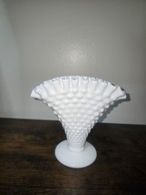 Vintage Fenton White Milk Glass Hobnail Crimped Pedestal Fan Vase 6&quot; Ruffled - £26.33 GBP