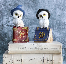 Pack Of 2 Witchcraft Spell Witch Snow Owls On Pentagram Spellbooks Figurine - £22.29 GBP
