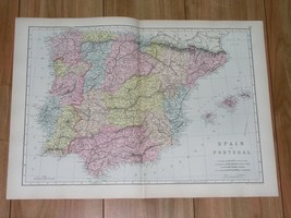 1891 Antique Map Of Spain Portugal Balearic Islands Barcelona Madrid Majorca - $24.89