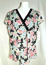 Black Pink Sheer Floral Lined Short Sleeve Empire Top Notations Wms XLar... - £19.80 GBP