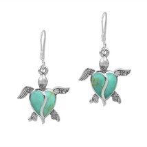 Love Life Sea Turtle Heart Green Turquoise Sterling Silver Dangle Earrings - £17.72 GBP