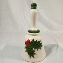 VTG  Ceramic Christmas Bell Holly Berry Leaf Long Handle 8&quot; Tall  Artist Signed - £23.17 GBP